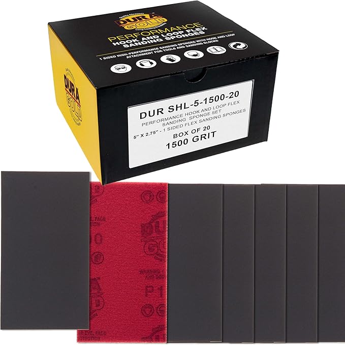 Dura-Gold 1500 Grit 5" x 2-3/4" Sanding Sponges, Box of 20 - Performance Hook & Loop Wet or Dry Flexible Sandpaper Sponge Pads - for Hand Sanding Blocks, Palm Sanders - Polish Metal, Auto Paint, Wood