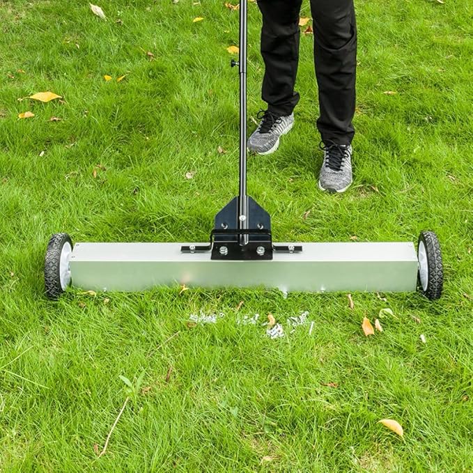 24-Inch Rolling Magnetic Pick-Up Sweeper with Wheels, with Quick Release Latch and Adjustable Long Handle, for Nails Needles Screws Collection, Great for Yard Grass Carpet and Concrete Floor