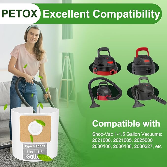 10 Pack Vacuum Bags Replacement for Shop Vac Bags 1-1.5 Gallon Type A 90667 9066700 9066733, PETOX High-Efficiency Disposable Vaccum Collection Filter Bags