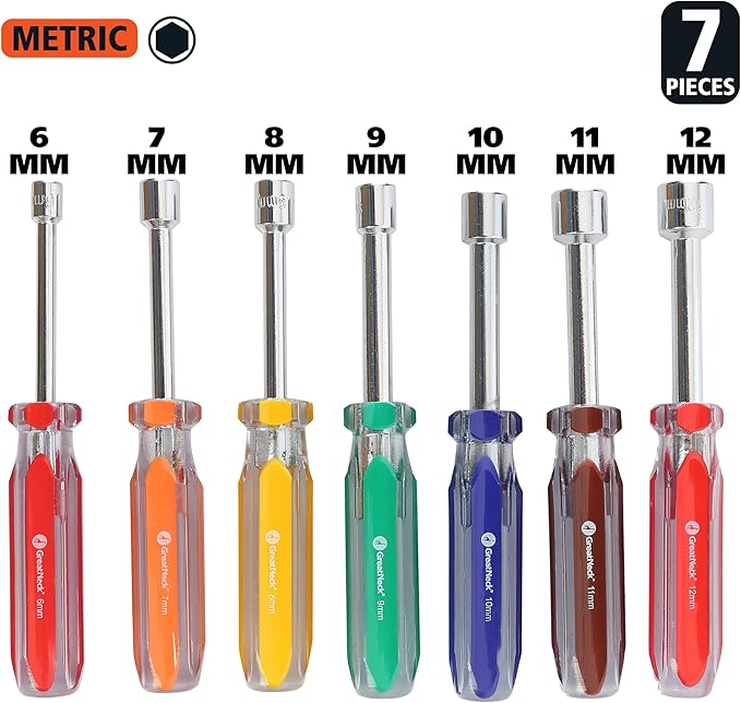 GreatNeck ND71 7-Piece Metric Nut Driver Set, Chrome Vanadium Steel Nut Drivers, Rust-Resistant Finish Nut Drivers Set, Acetate Nut Driver Handle, Color-Coded for Quick Identification