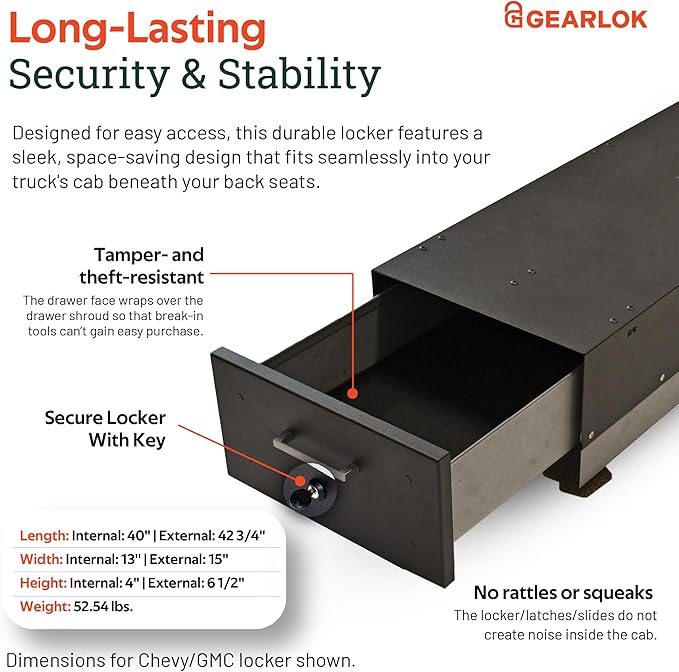 GearLok UnderSeat Truck Locker ??Secure Under Seat Storage for Chevy/GMC Crew Cab Trucks ??Lockable Truck Organizers and Storage for Tools, Ammo and Equipment (Fits 40"x13"x4" Interior)