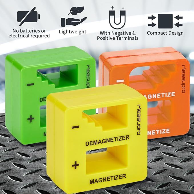 Demagnetizer and Magnetizer For Screwdrivers Tips, Bits, and Small Tools, Large or Big Screws, Drills, Drill Bits, Sockets, Nuts And Nails, 3 Pack Green, Yellow, Orange