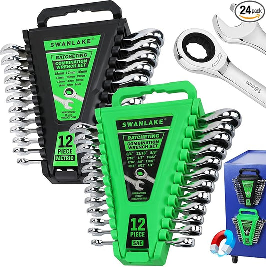 24-Piece Combination Ratchet Wrench Set, Metric (6-18mm) & SAE (1/4''-3/4'') Wrenches Set, 12-Point 72-Tooth Ratchet Spanners with Magnetic Base Organizer, Chrome Vanadium Steel for Auto Mechanic Tool