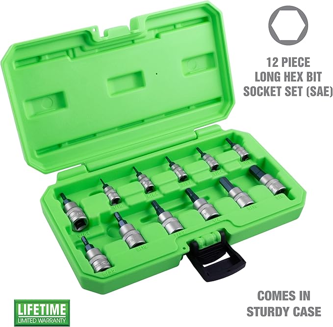 OEMTOOLS 23900 12-Pc Hex Socket Set, Hex Bit Socket Set SAE Magnetic, 1/16??to 3/8??Heat-Treated S2 Steel Bits, Storage Case Included