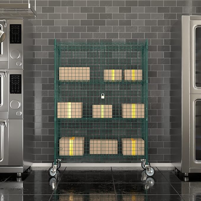 Commercial Grade NSF Listed Metal Wire Mesh Storage Green Epoxy Mobile Security Cage Kit, 24" x 48" x 70", Perfect for Warehouse, Walk-in Refrigerator, Freezer, Grocery Store, Restaurant, Dishroom