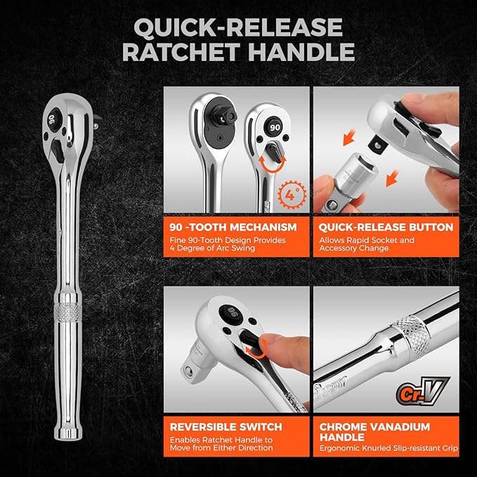 HORUSDY 3/8" Drive 90T Quick-Release Ratchet Handle, Reversible, Chrome Alloy Made, Full Polished, Includes 3/8" to 1/2" Socket Adapter, Ideal for Auto Repair, Home & Industrial Use