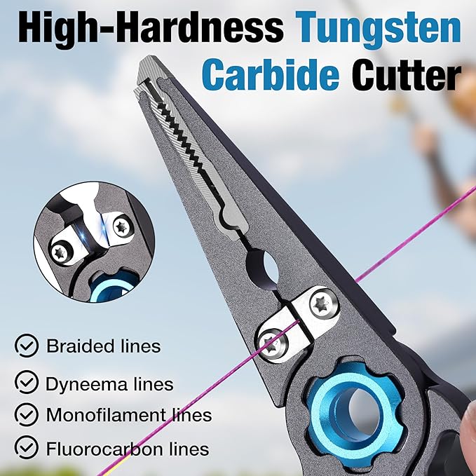 FLISSA 7.5 Inch Lightweight Fishing Pliers, Titanium 6Al-4V Jaw and Tungsten Carbide Line Cutters, Safety Lock Fish Pliers with Aluminum Handle, Sheath & Lanyard, Fishing Gear Gifts for Men