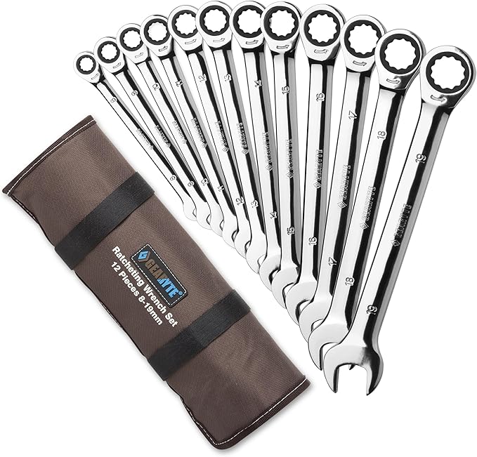 GEARYTE Ratcheting Wrenches - 12-Piece Ratchet Wrench Set Metric, Durable Speed Wrench Set 8-19mm, Made from Chrome Vanadium Steel, 72-Point, Includes Roll Up Case, Silver