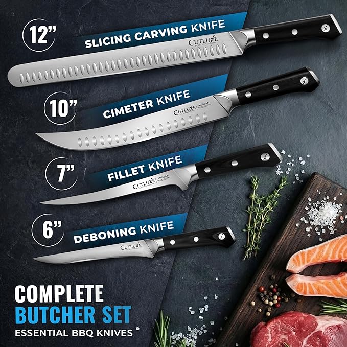 Cutluxe Butcher Knife Set ??BBQ Brisket, Breaking, Boning & Fillet knives - Carving Knife Set for Meat Cutting, Ultra Sharp German Steel, Full Tang, Ergonomic Handles ??Artisan Series