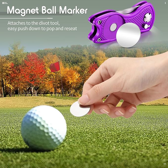 Skylety 4 Pcs Golf Divot Repair Tool Metal Foldable Golf Divot Tool with Magnetic Pop-up Button Ball Marker Stainless Steel Switchblade for Golfers Prizes