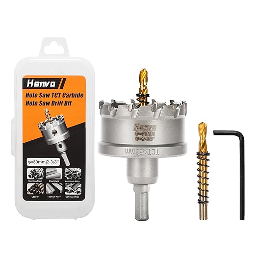 Hole Saw 2-3/8" (60mm) Heavy Duty Carbide with 2 Pilot Drill Bits - Metal Hole Cutter Cuts Stainless Steel, Iron, Copper, Brass, Plastic