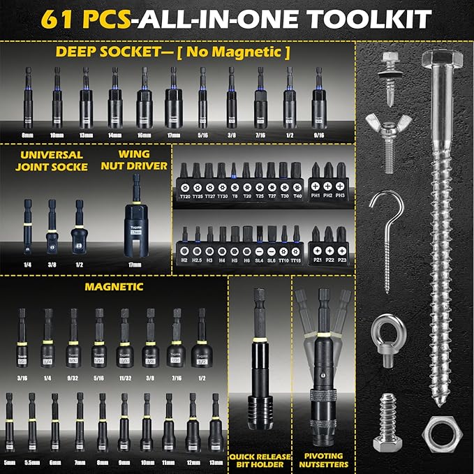 61PCS Impact Nut Driver Set - Magnetic Deep Nut Drivers for Drills Metric & SAE, Socket Adapters, Wing Nut Driver, 1/4'' Quick Change, Bit Extension, Pivoting Nutsetter, S2 Steel Bits, Upgraded Box