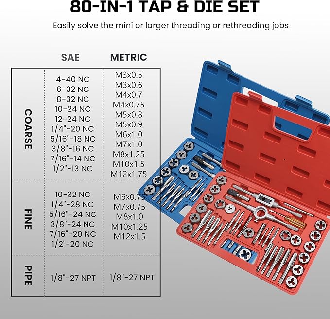40pcs SAE Tap and Die Set, SAE Standard Rethreading Tool Kit, Coarse and Fine Threads for Cutting External and Internal Threads, Essential Repair Tool Kit with Thread Wrench