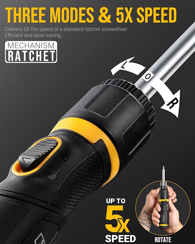 13 IN 1 Magnetic Ratcheting Screwdriver, 5X Speed Drive, 12PCS Bits Included,Torx PH SL, Ergonomic Handle Design with Adjustable Angle, End Storage Cap, for Motorcycle,Bicycle, Home Maintenance