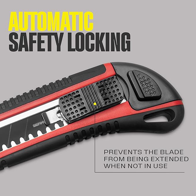 18mm Retractable Utility Knife with 4x SK2H Snap Off Black Spare Blades (18mm 1 PACK)