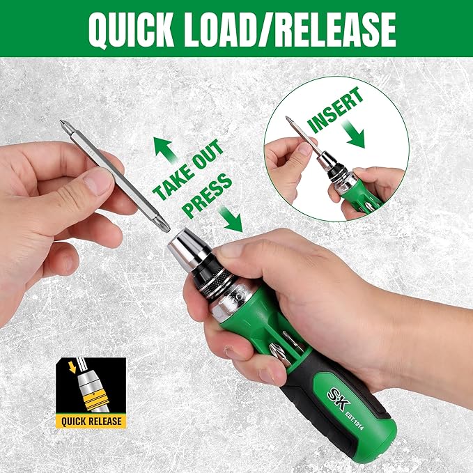 SK 12-in-1 Ratcheting Screwdriver, 216-P, Multi-bit Driver with Quick-Load Mechanism, S2 Steel, with Phillips, Slotted, Star, Square Bits Stored in Handle