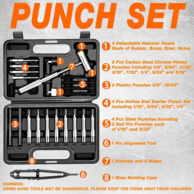 BESTNULE Punch Set, Pin Punches, Punch Tool, Roll Pin Punch Set, Made of High Quality Metal Material Including Punches and Hammer, Mechanical Repair Tool, with Organizer Storage Box (with Bench Block)