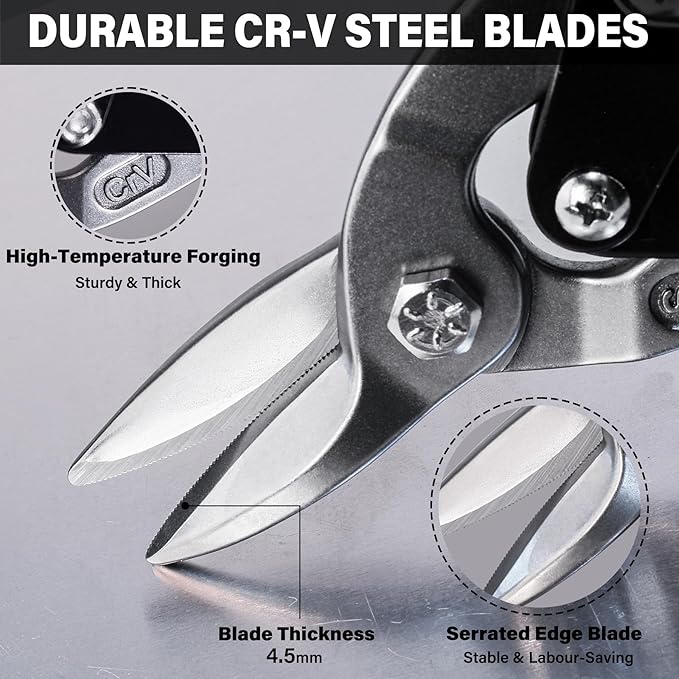 HAUTMEC Aviation Tin Snips Set for Cutting Metal Sheet, 10 Inch Heavy-Duty CR-V Metal Shears for Straight, Left & Right Cuts, with Safety Lock and Ergonomic Grip - HTSSM25063