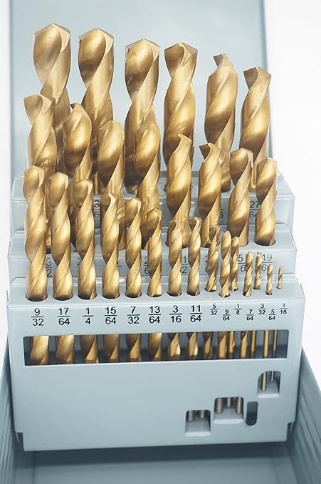 DRILLFROCE 29pcs HSS Jobber Length Titanium Coated Twist Drill Bits Set 1/16"-1/2" in Metal Case