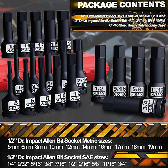 1/2" Drive Master Impact Hex Bit Socket Set, Metric & SAE, 20-Piece 1/2 Inch Drive Impact Allen Bit Socket Set, 5mm - 19mm & 1/4" - 3/4", Cr-Mo Steel, Heavy Duty Storage Case