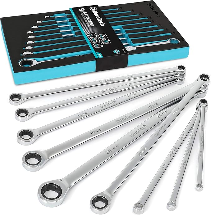DURATECH Extra Long Ratcheting Wrench Set, Double Box End Wrench Set, Metric, 9-Piece, 8,10,12,13,14,16,17,19,22 mm, CR-V Steel, with EVA Foam Tool Organizer