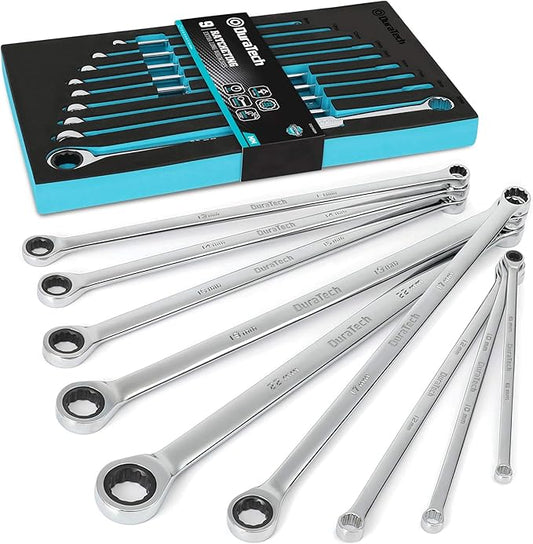 DURATECH Extra Long Ratcheting Wrench Set, Double Box End Wrench Set, Metric, 9-Piece, 8,10,12,13,14,16,17,19,22 mm, CR-V Steel, with EVA Foam Tool Organizer