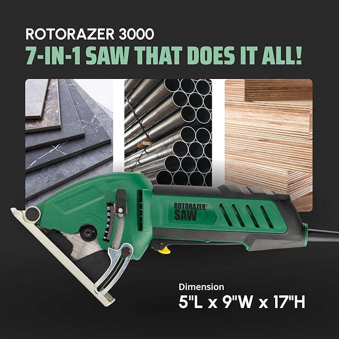 Official ROTORAZER Compact Circular Saw Set for DIY Projects - Cut Drywall, Tile, Grout, Metal, Pipes, PVC, Plastic, Copper, and Carpet w/Blades, Dust Collector & Case - AS SEEN ON TV (Green)
