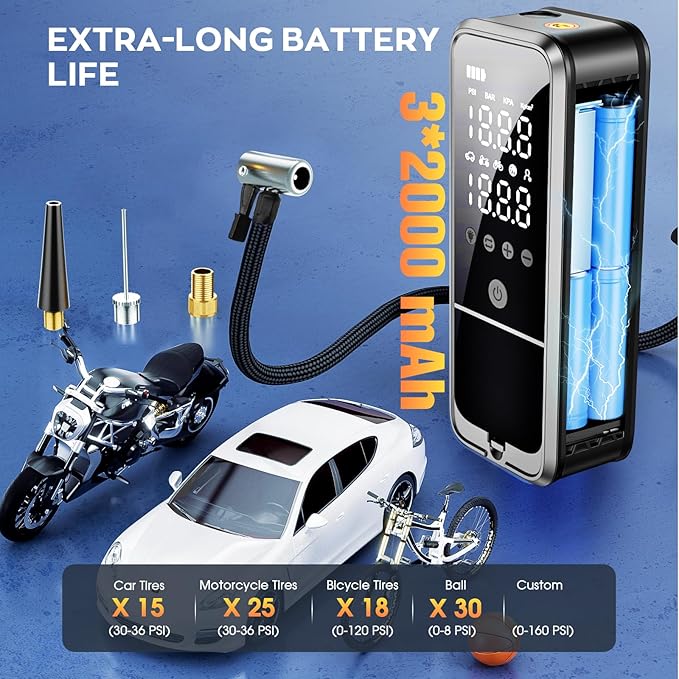 160PSI Tire Inflator Portable Air Compressor, 6000mAh Air Pump for Car Tires Cordless Bike Pump with LED Light&Auto Shut-Off Function Portable Tire Inflator for Car, Motorcycle, Bicycle, Ball