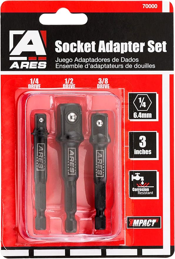 ARES 70000-3-Inch Impact Grade Socket Adapter Set - Turns Impact Drill Driver into High Speed Socket Driver - 1/4-Inch, 3/8-Inch, and 1/2-Inch Drive