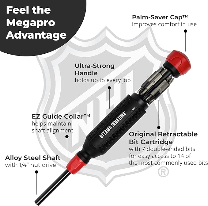 MEGAPRO짰 NHL짰 Team Edition Multi-bit Screwdriver | Officially Licensed NHL짰 Gear | Durable, Ergonomic, Pro-Grade Screwdriver (Ottawa Senators짰)