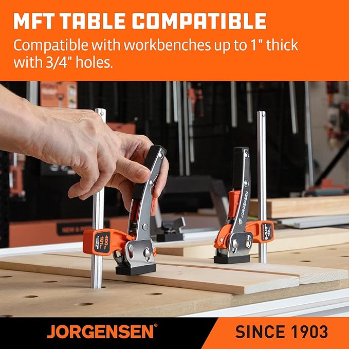 Jorgensen 6-5/8" Ratcheting Table Clamp, Quick Release Track Saw Clamp, Guide Rail Clamps for MFT Table and Guide Rail System, 2-7/8" Throat Depth, 400lbs Load Limit