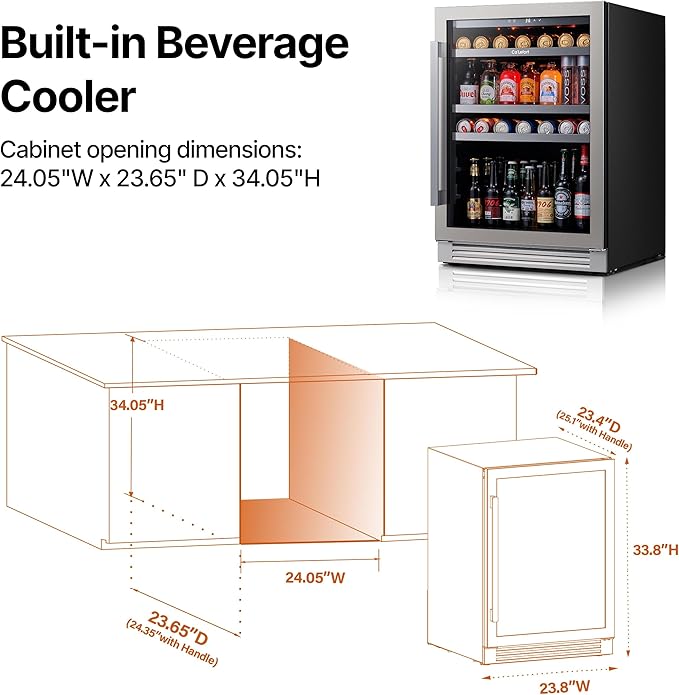 Ca'Lefort 24 Inch Beverage Refrigerator - 180 Can Beverage Fridge with 34째-54째F, Built in or Freestanding Beverage Cooler with Glass Door and 3 LED, Drink Fridge for Home/Kitchen(5.65 cu.ft)