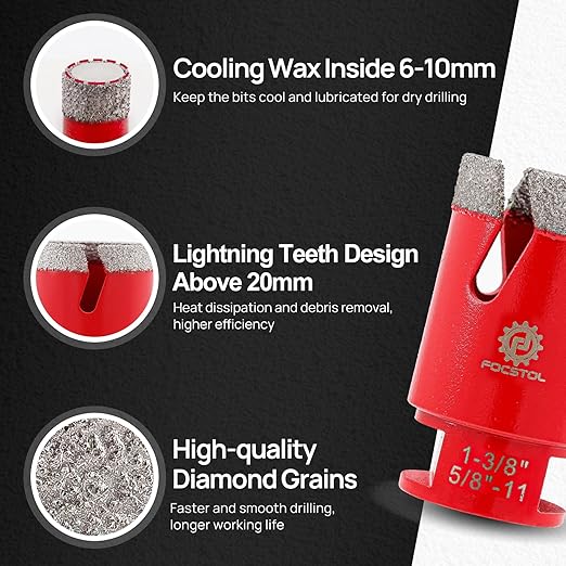 FOCSTOL Diamond Core Drill Bit Set - 5pcs (25/35mm+20mm Drilling Milling Bit+50mm Beveling Chamfer Bit+HEX) Diamond Hole Saw Kit for Porcelain Ceramic Tile Marble Granite