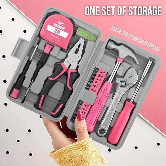 20 Pcs Home Tool Set, Basics Household Tool Kit with Small Mini Carrying Box for Men and Women DIY (Pink)