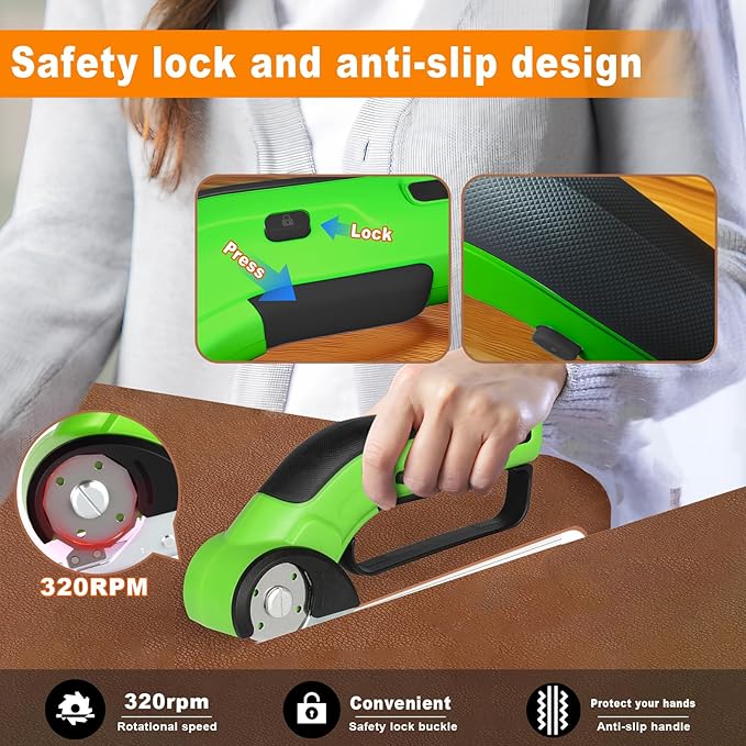 Cordless Electric Scissors Rechargeable with 2-Blade & Storage Bag, Powerful Rotary Cardboard Box Cutter 3.7V 2000mAh for Cloth Carpet Plastic Leather, Charging Cable(Green)