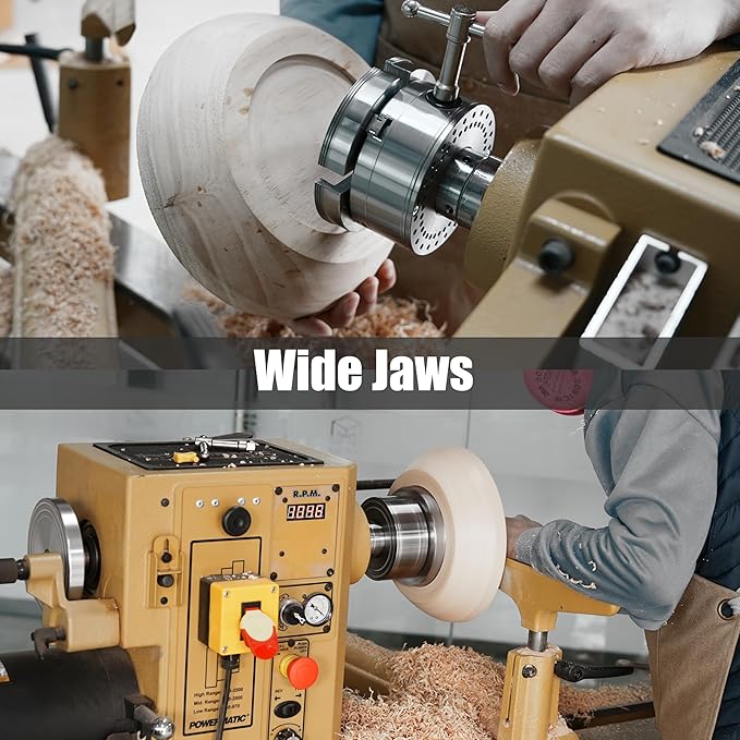 4.5" Woodlathe Chuck, Thread 1-1/4"x8TPI", Dovetail Jaws, Pin Jaws, 8" Flat Jaws, Step Jaws, Wide Jaws, Wood Screw, Thread adaptor to 1"x8TPI, Two Nylon Washers, Two Chuck Keys and T Handle Allen Key.