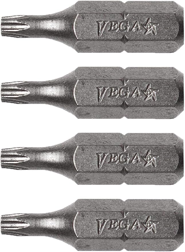 VEGA T6 TORX Security Bits. Professional Grade 쩌 Inch Hex Shank TORX T-6 S2 Steel 1" Security Bits. 125TT06A-4 (Pack of 4)