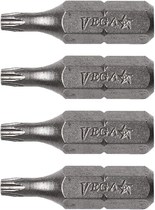 VEGA T6 TORX Security Bits. Professional Grade 쩌 Inch Hex Shank TORX T-6 S2 Steel 1" Security Bits. 125TT06A-4 (Pack of 4)