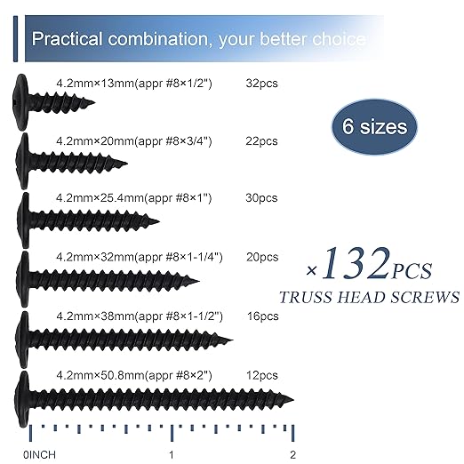 #8 Modified Truss Head Black Wood Screws Assortment Kit, 132 pcs, Phillips Drive, Wood Screws, Screws, Screws Assortment, Screws Set, 6 Sizes (1/2?? 3/4?? 1?? 1-1/4?? 1-1/2?? 2?? (Black)