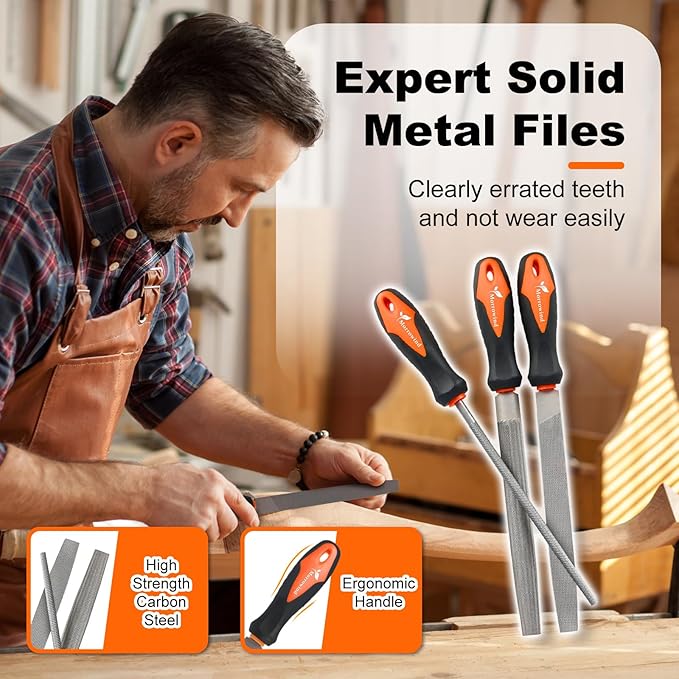 MORROWIND 3 Pcs Metal File Set, 8-Inch Carbon Steel Files with Flat, Half-Round, and Round Shapes, Heavy-Duty Hand Tools for Metal, Wood, Plastic and More, Orange