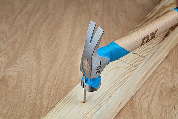 OX Tools Pro 20oz Curved Hickory Handle Hammer with TPR Rubber Hands Grip Hickory Framing Magnetic Nail Starter Curved Axe Handle Milled Face Craftsman Hammer Nail Puller Carpenter Tool OX-P087220