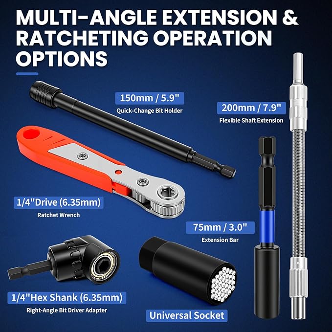 86PCS Magnetic Impact Nut Driver&Bit Set,SAE&Metric,CR-MO Nut Drivers(32pcs),S2 Steel Bits(45pcs),Ratchet Wrench,3 Ball-Head Adapters,Quick-Release Bars,Universal Socket,Flexible Shaft,Angle Driver