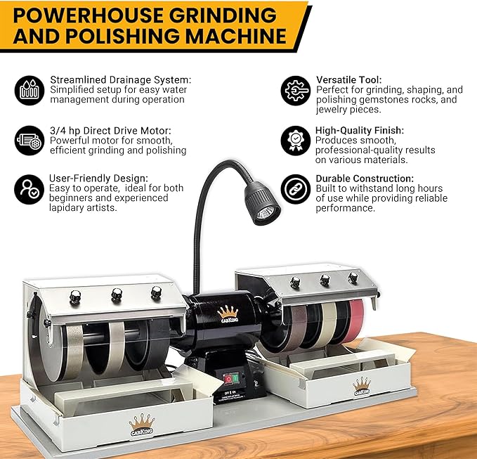 CabKing Cabbing Machine Lapidary Equipment ??8" Jewelry Polishing Machine for Gemstone Grinding & Stone Polishing, Includes Diamond Wheels, LED Lamp, Water System & Complete Lapidary Accessories Kit