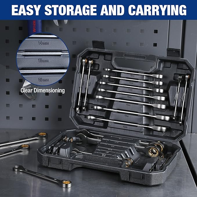 WORKPRO 22-Piece Ratcheting Wrench Set, Ratchet Combination Wrench Sets with Organizer Box, Nickel Plating, 72 Teeth, Metric 6-18mm & SAE 1/4-3/4"