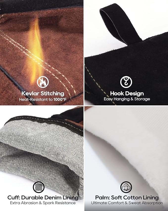 TOPDC Welding Gloves 16Inch 1000?덳eat/Fire Resistant Reinforced Leather Fireproof Gloves with Kevlar Stitching for Mig, Tig, Stick, Forge, BBQ, Grill, Oven, Fireplace, Furnace, Animal Handling, LARGE
