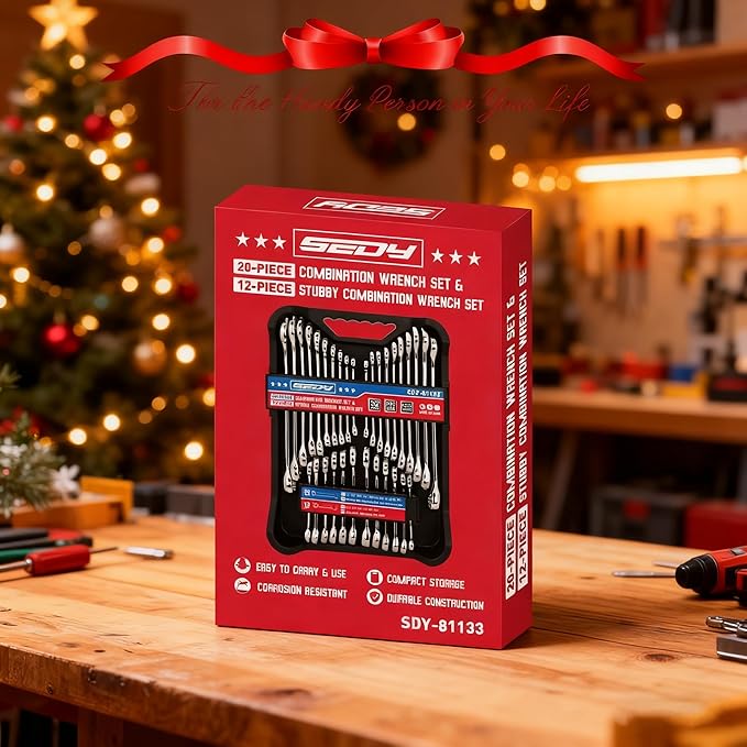 32-Piece Combination Wrench Sets SAE & Metric, Open-Box-End Combination Stubby Wrench Set Includes 20 Standard and 12 Stubby Wrenches, Open End and 12-Point Box End Wrench Set with Organizer Box