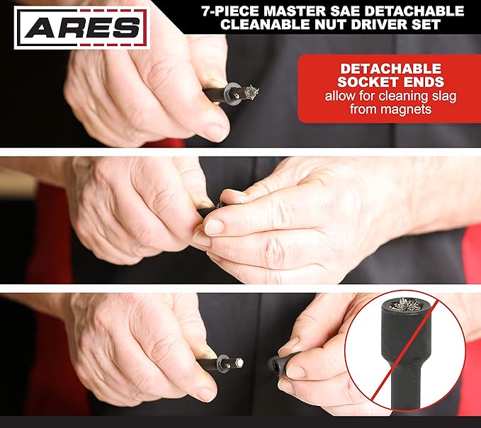 ARES 27086 ??Nut Driver Set ??SAE Magnetic 7-Piece ??Detachable and Cleanable ??Radial 6 Point Drive Sockets Load on Flats - Removable Socket Ends for Easy Cleaning ??Heavy Duty CR-V Steel