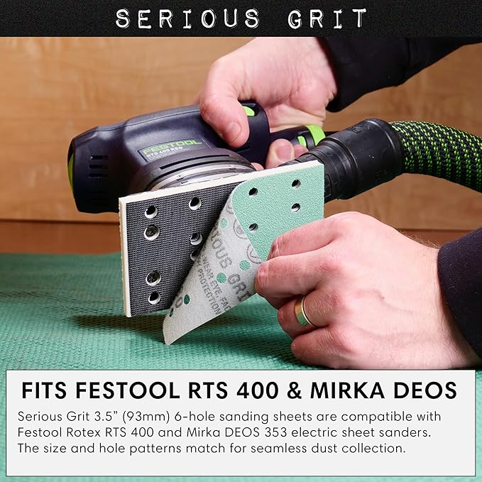 Serious Grit - 3" x 5" (80mm x 133mm) 14-Hole 40 Grit Sanding Sheets - Fits Festool RTS 400 & Mirka Deos 353 - Heavy-Duty Hook & Loop Film Abrasives - Sandpaper for Sheet Sanders - 25 Pack Box