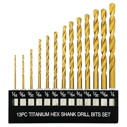 13 Pcs Titanium Coated Twist Hex Shank Drill Bit Set, 135 Degree Tip HSS Impact Drill Bit Set with Storage Case for Metal, Aluminum, Steel, Wood, Plastic, Quick Change Design 1/16" to 1/4"