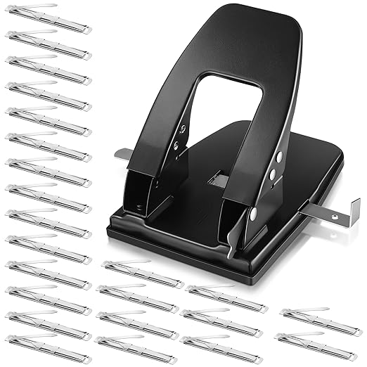 Dreyoo 2 Hole Punch with 100 Prong Paper Fasteners, Heavy Duty Two Hole Paper Puncher for File Folder and Metal File Fasteners Combo Set, 30 Sheet Capacity, Padded Handle(Compressor)